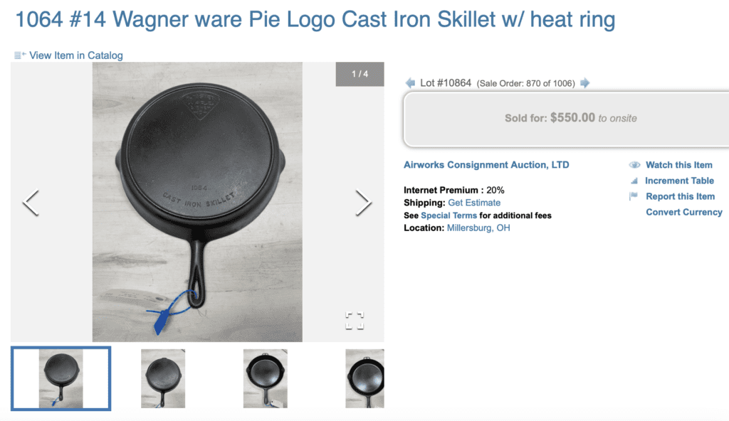 Wagner "Pie Logo" Cast Iron Skillet no. 14 with heat ring, catalog number 1063. Sold for $550 to an on-site bidder.